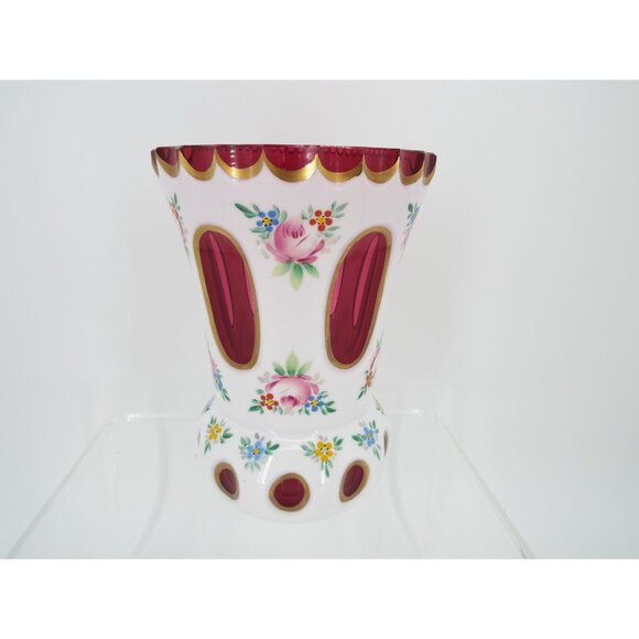 Vintage Bohemian Czech Cased White Overlay Cut to Cranberry Glass Floral Vase 5" - Picture 10 of 10
